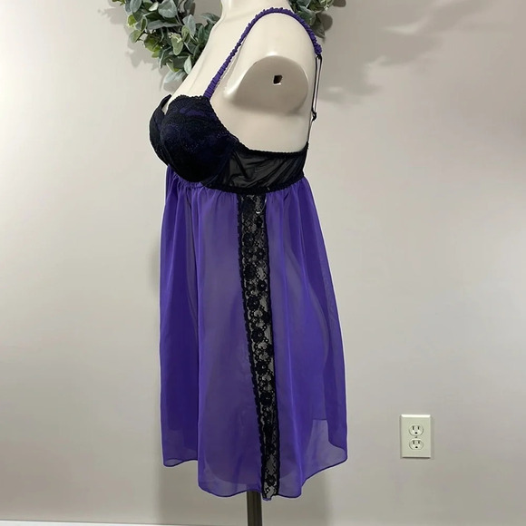 NWOT Ambrielle Lace Babydoll Negligee Nightgown Black Purple Adjustable Straps M - Picture 4 of 12